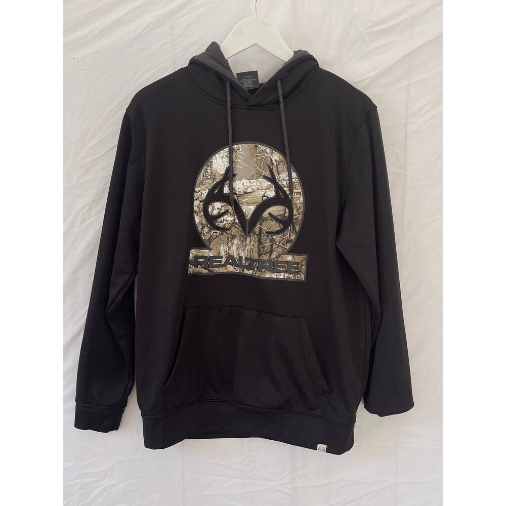 Realtree Men's M Black Pullover Fleece Hoodie Camo Logo Pockets